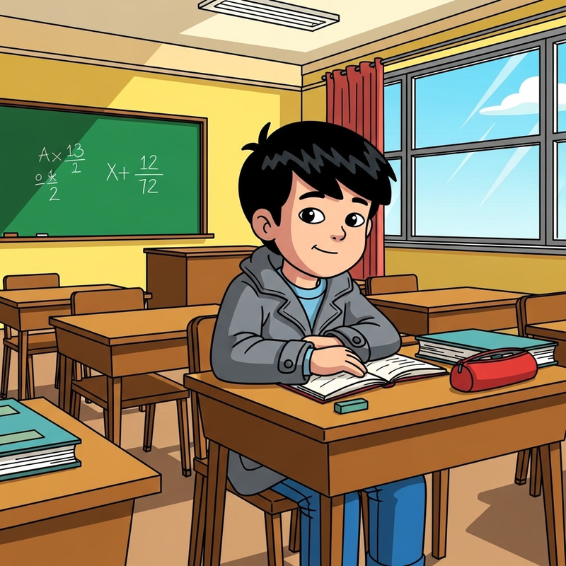 Cartoon Boy in Blue Jeans and Gray Coat in Classroom