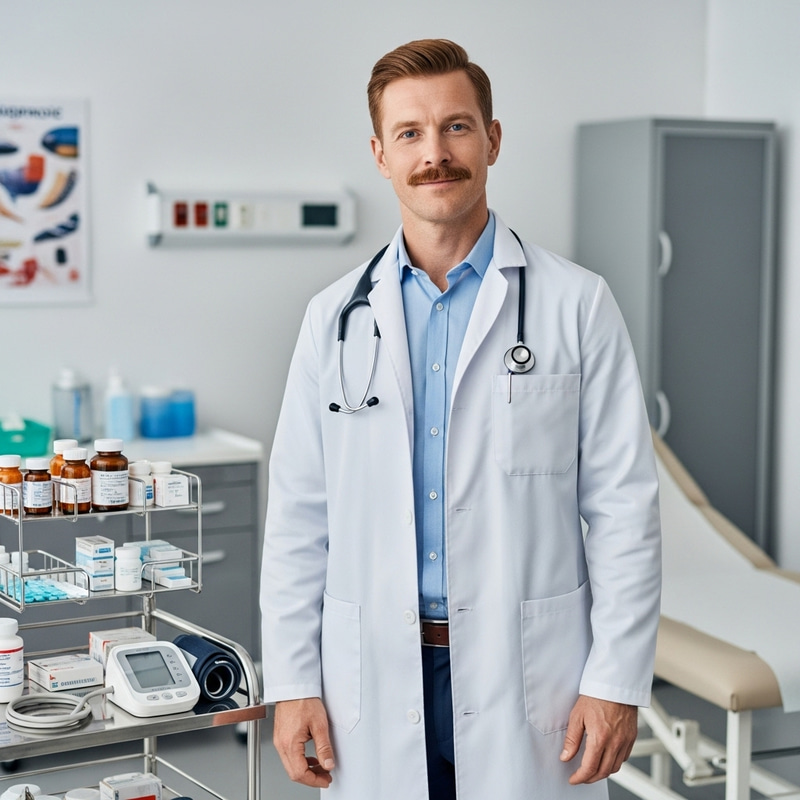 Caucasian Male Doctor with Red Hair and Mustaches in Clinical Setting