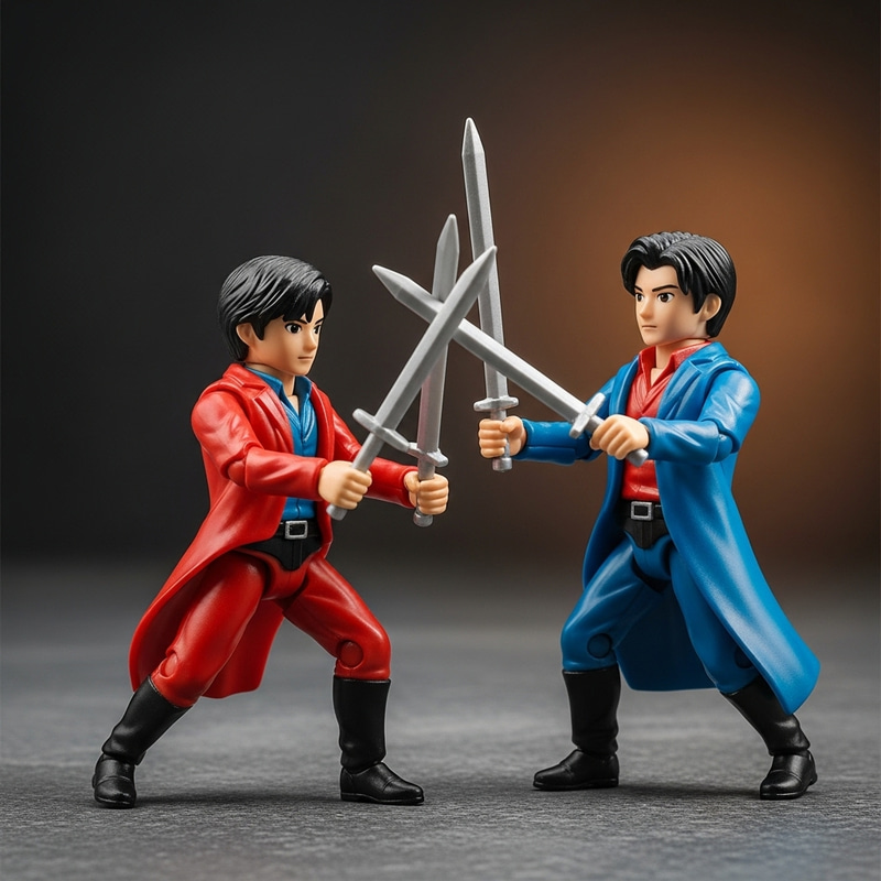 Playful Toy Battle: Two Toy Figures Clash Playful Toy Battle: Two Toy Figures Clash