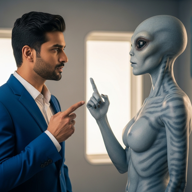 Interstellar Dialogue: Man in Royal Blue Suit Converse with Human-Like Alien Interstellar Dialogue: Man in Royal Blue Suit Converse with Human-Like Alien