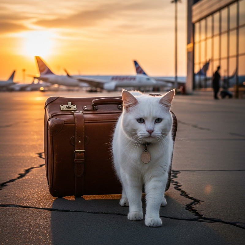 Lonely White Cat Traveling with Big Luggage in Foreign Land Lonely White Cat Traveling with Big Luggage in Foreign Land