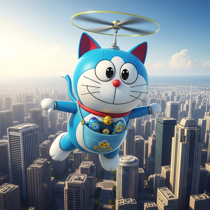 Friendly Blue Robot Cat Soaring Over Cityscape Friendly Blue Robot Cat Soaring Over Cityscape