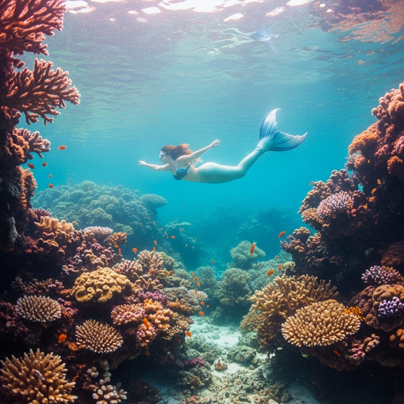 Surreal Mermaid in Vibrant Coral Reef Scene Surreal Mermaid in Vibrant Coral Reef Scene