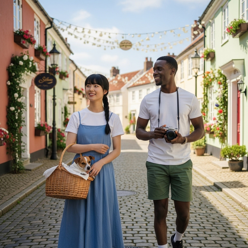 Strolling Asian Woman and Black Man Walking on Decorated Cobblestone Street