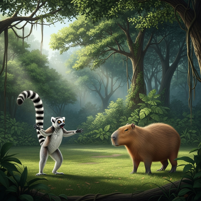 Lemur Invites Capybara for Fun in Jungle