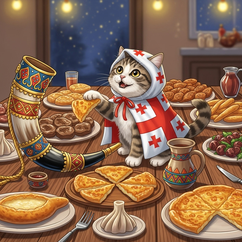 Georgian New Year Cat Illustration
