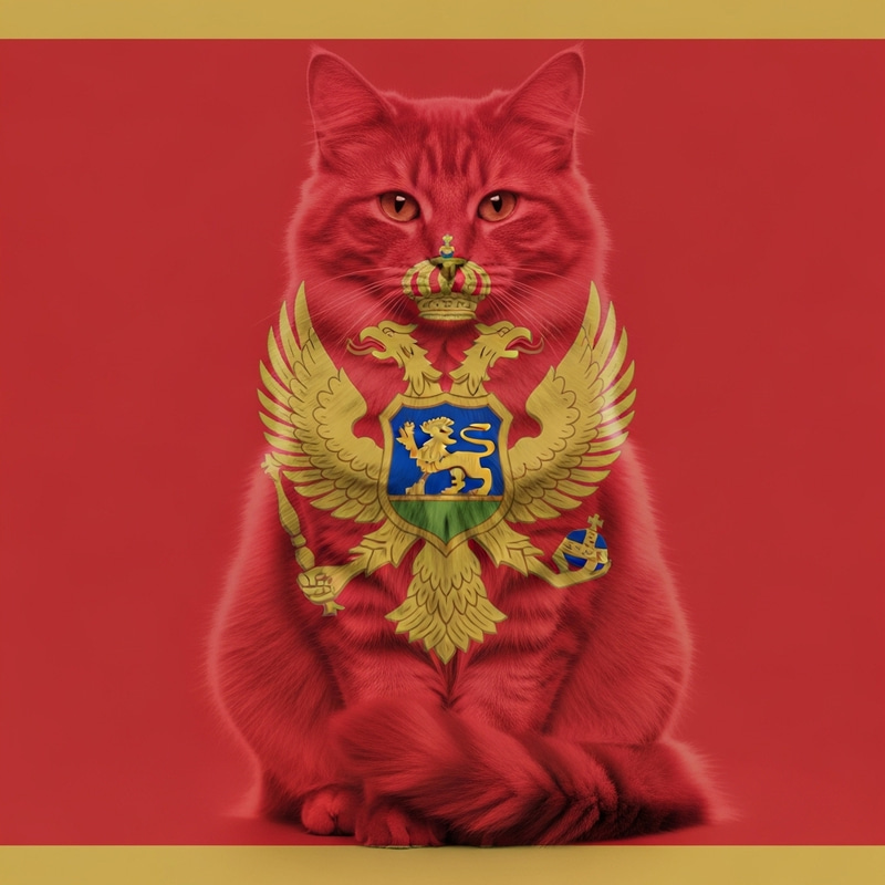 Montenegro Flag-Colored Fluffy Cat Sitting Comfortably