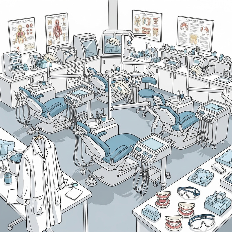 Dental Laboratory Equipment Sketch: Chairs, Tools & Hygiene Posters