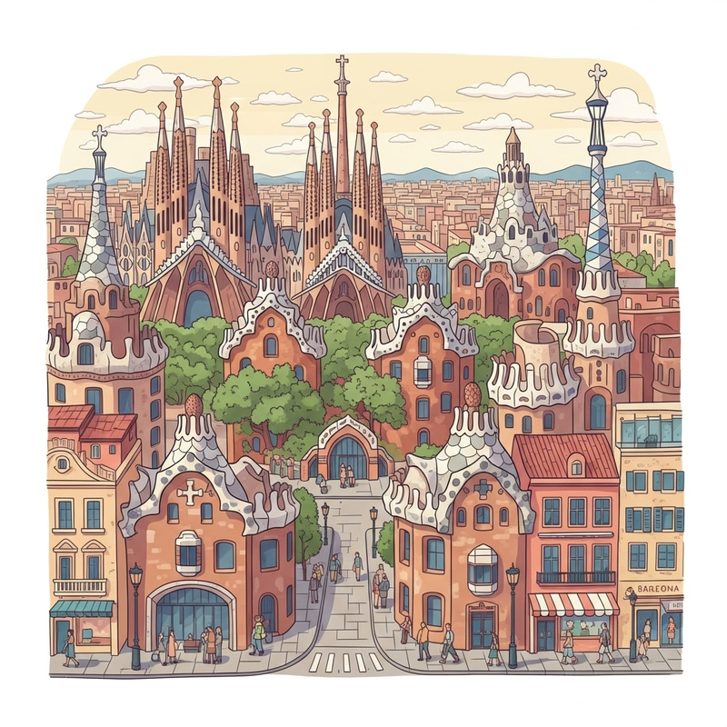 Barcelona Mosaic City: Cartoon Art & Landmarks Barcelona Mosaic City: Cartoon Art & Landmarks