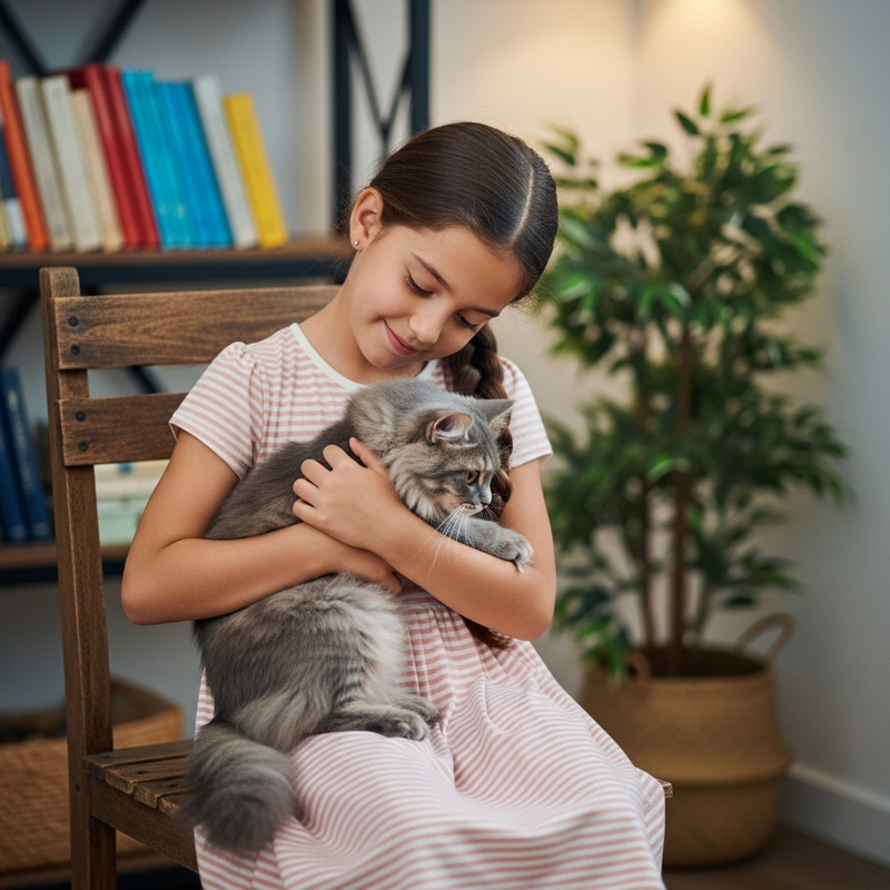 Heartwarming Moment: Young Hispanic Girl with Grey Cat