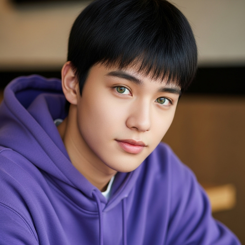 Asian 19-Year-Old Male with Short Black Hair and Green Eyes in Purple Hoodie Asian 19-Year-Old Male with Short Black Hair and Green Eyes in Purple Hoodie