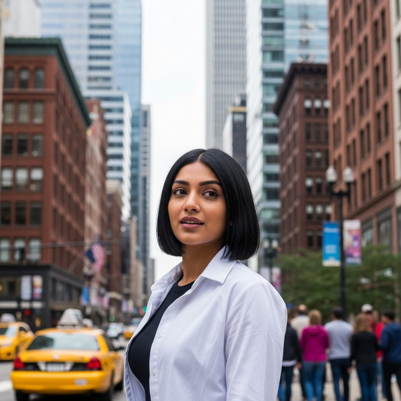 Stylish Chicago Street Portrait of Woman with Square Hairstyle