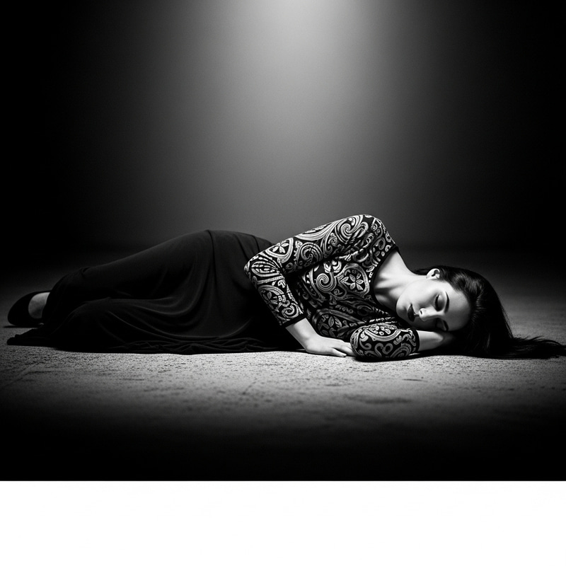 Haunting Crime Noir: Woman with Long Black Hair in Dramatic Lighting