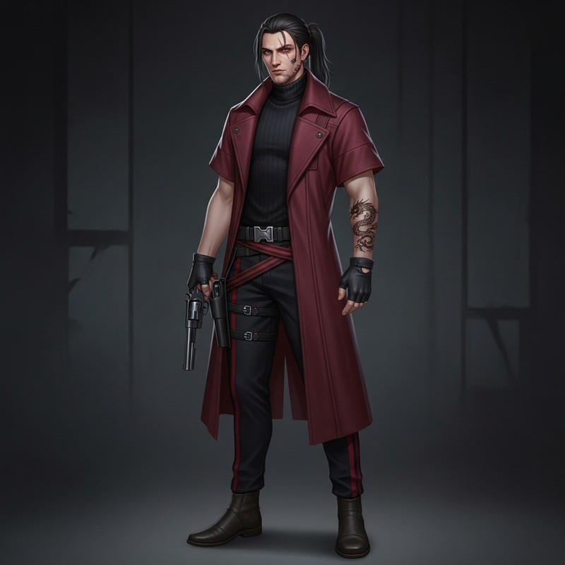 Mysterious Man with Long Black Hair, Scar, and Dragon Tattoo Mysterious Man with Long Black Hair, Scar, and Dragon Tattoo