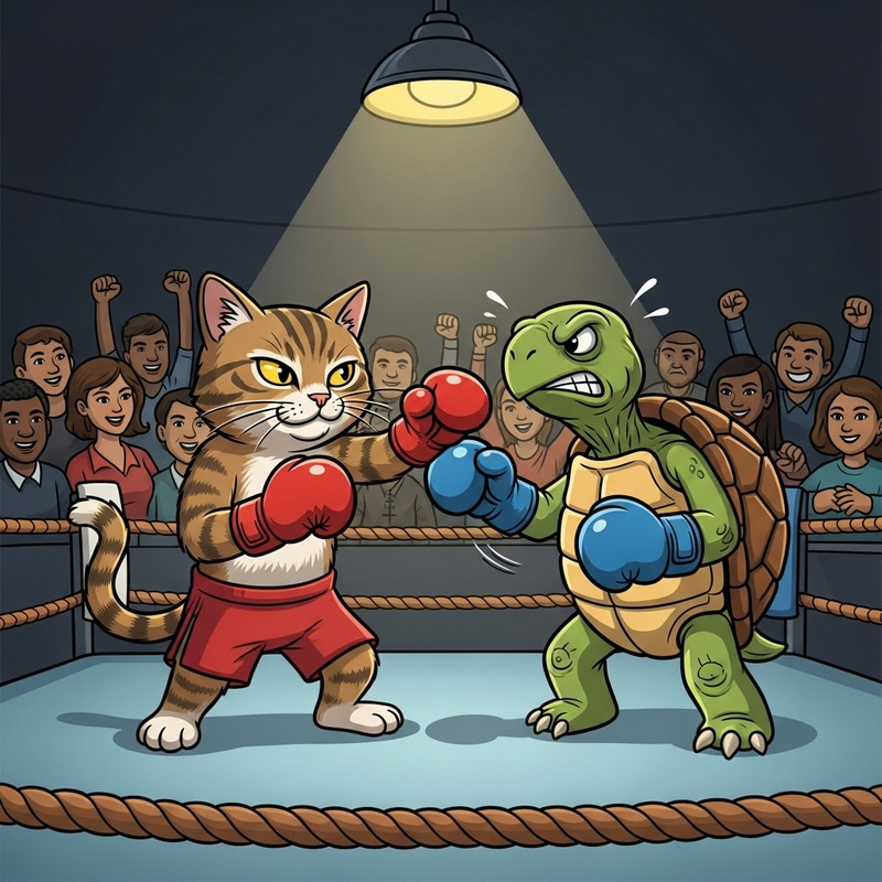 Funny Cat vs. Turtle in Boxing Match Illustration Funny Cat vs. Turtle in Boxing Match Illustration
