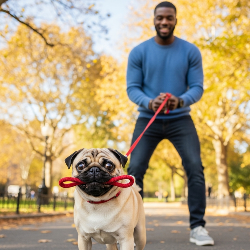 Caramel Pug Walking Man | Urban Park Fall Scene Caramel Pug Walking Man | Urban Park Fall Scene