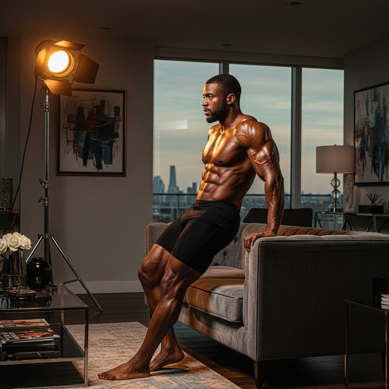 Muscular African Bodybuilder Modeling in Luxurious Penthouse