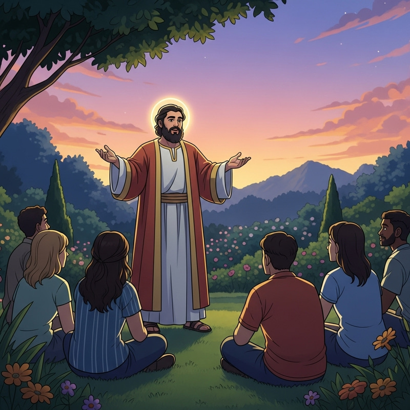 Jesus Christ Teaching Multicultural Audience in Garden Jesus Christ Teaching Multicultural Audience in Garden