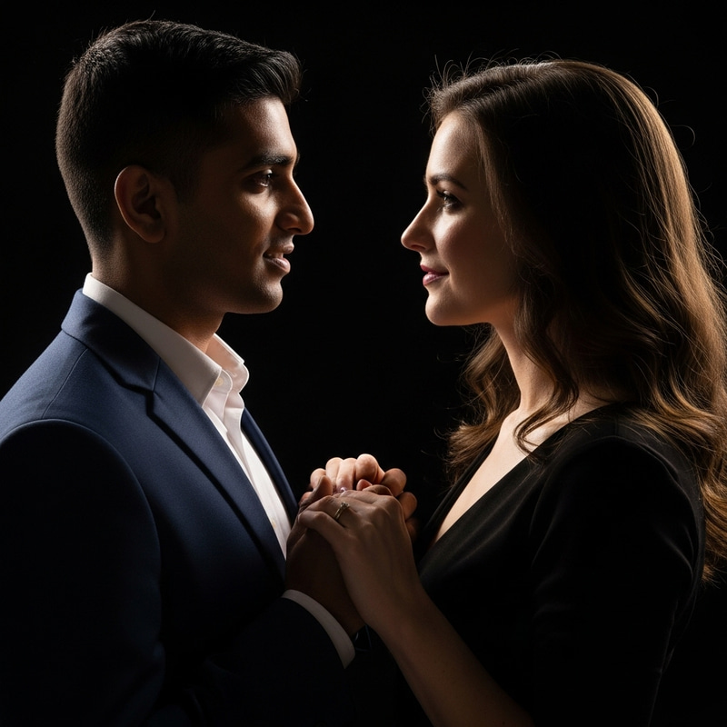 Romantic Interracial Couple Portrait on Dark Background