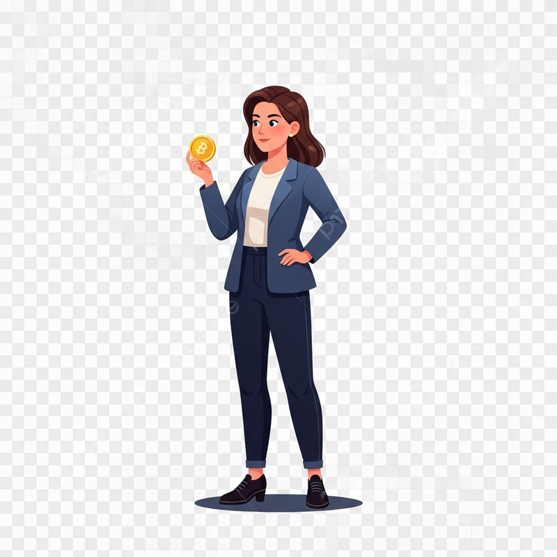 Confident Caucasian Woman with Golden Crypto Token Confident Caucasian Woman with Golden Crypto Token