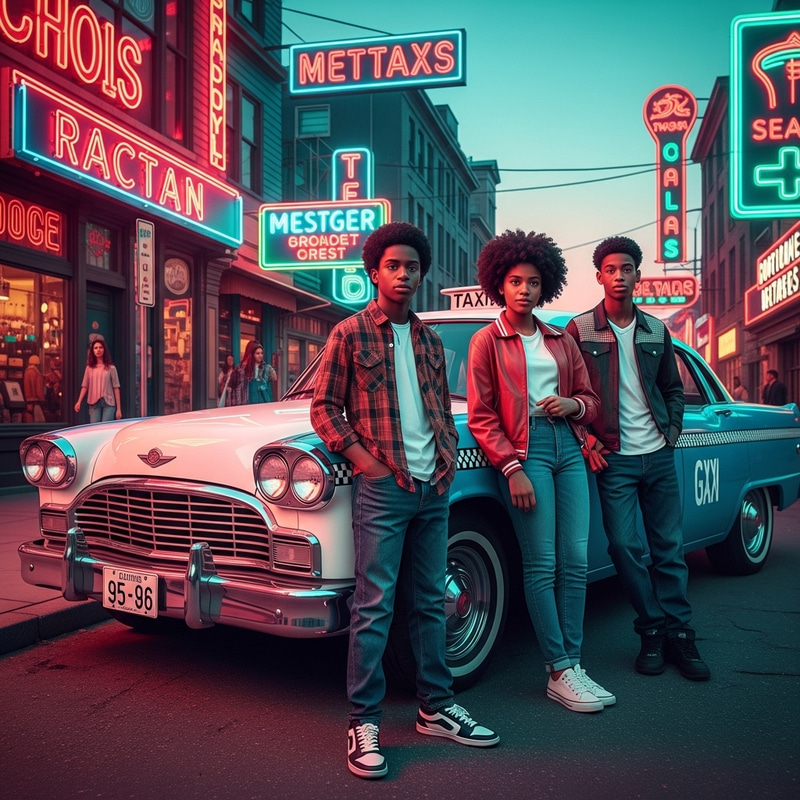 Nostalgic Scene: Teenage Black Kids by Classic Taxi Cab on Retro Street Nostalgic Scene: Teenage Black Kids by Classic Taxi Cab on Retro Street