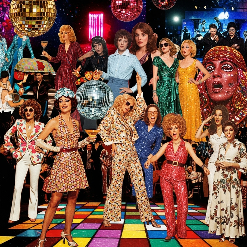 Vibrant 70s Disco Collage: Glitz, Glamour & Andy Warhol Style