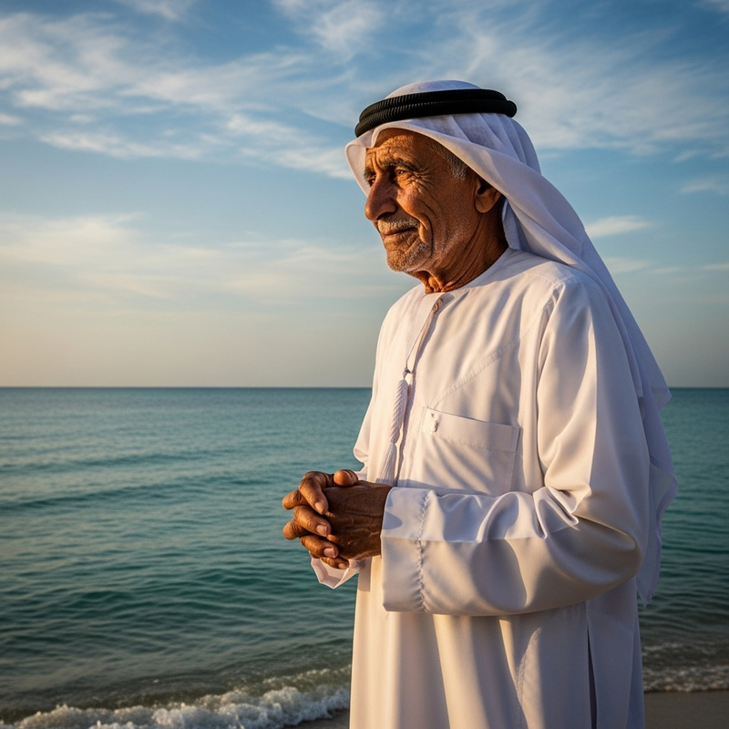 Elderly Man in Gulf Clothing by the Seashore