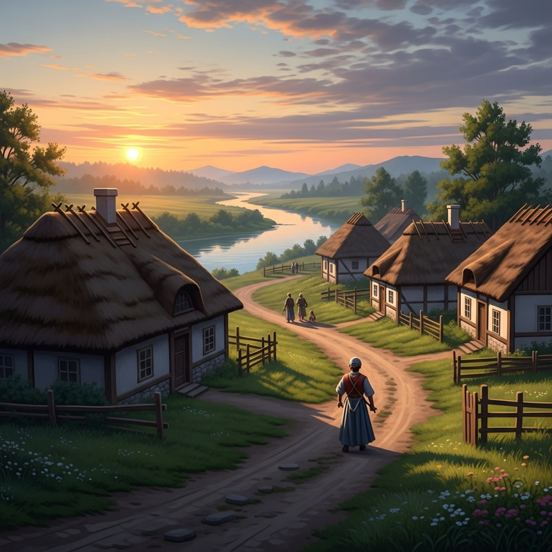 Tranquil Village Scene at Daybreak with River Tranquil Village Scene at Daybreak with River