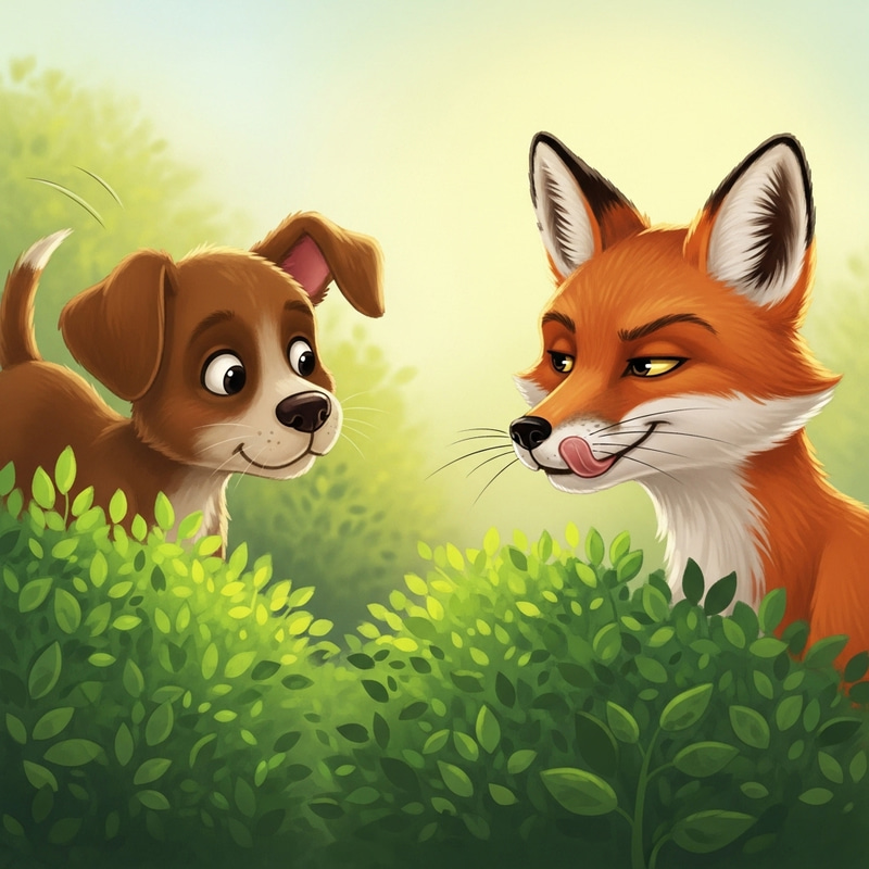 Curious Puppy meets Cunning Fox in Playful Landscape
