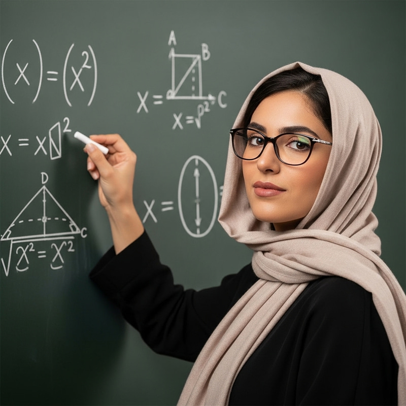 Middle-Eastern Woman Math Teacher with Scarf and Glasses