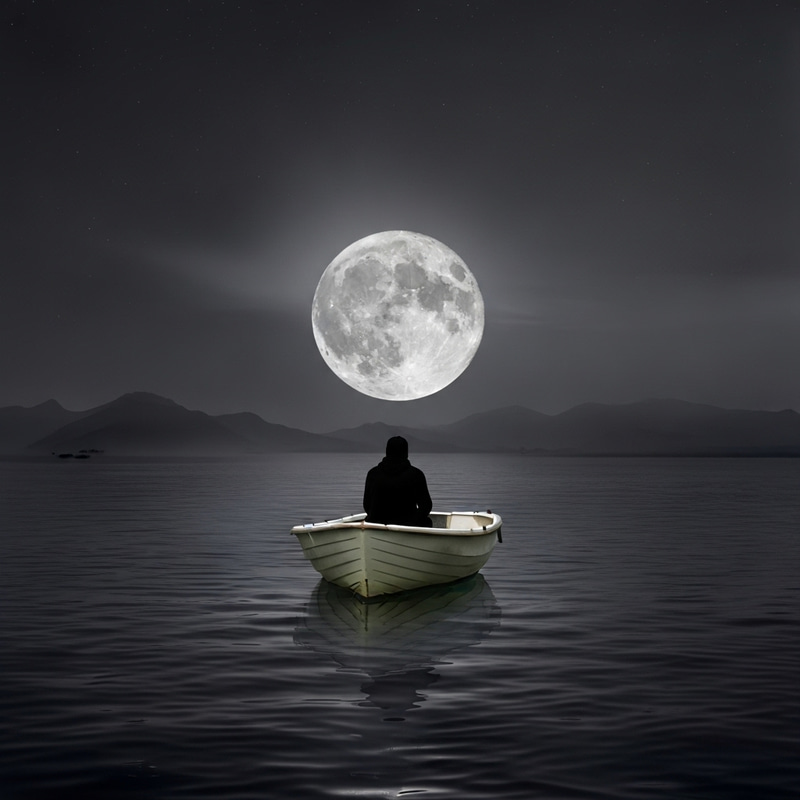 Tranquil High-Contrast Seascape with Solitary Figure under Full Moon Tranquil High-Contrast Seascape with Solitary Figure under Full Moon