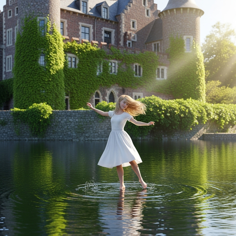 Blonde Girl Dancing on Water in Front of Majestic Castle - 3D Image
