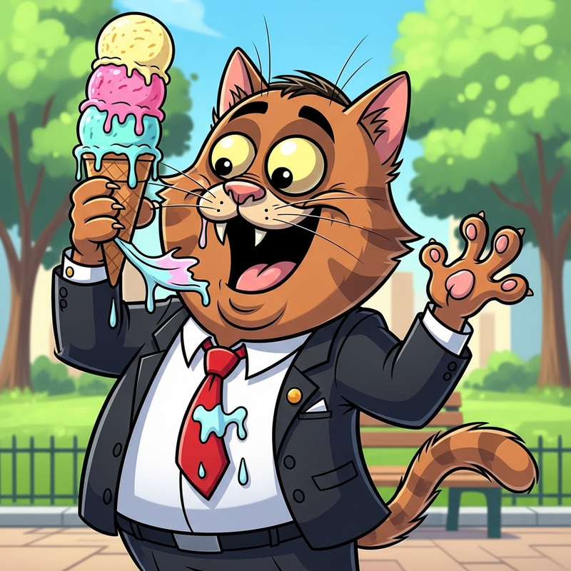 Cartoon Cat President Enjoying Ice Cream - Fun and Humorous Scene Cartoon Cat President Enjoying Ice Cream - Fun and Humorous Scene