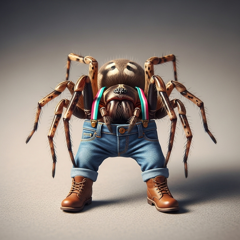 Stylish Spider in Blue Jeans, Braces, and Brown Boots Stylish Spider in Blue Jeans, Braces, and Brown Boots