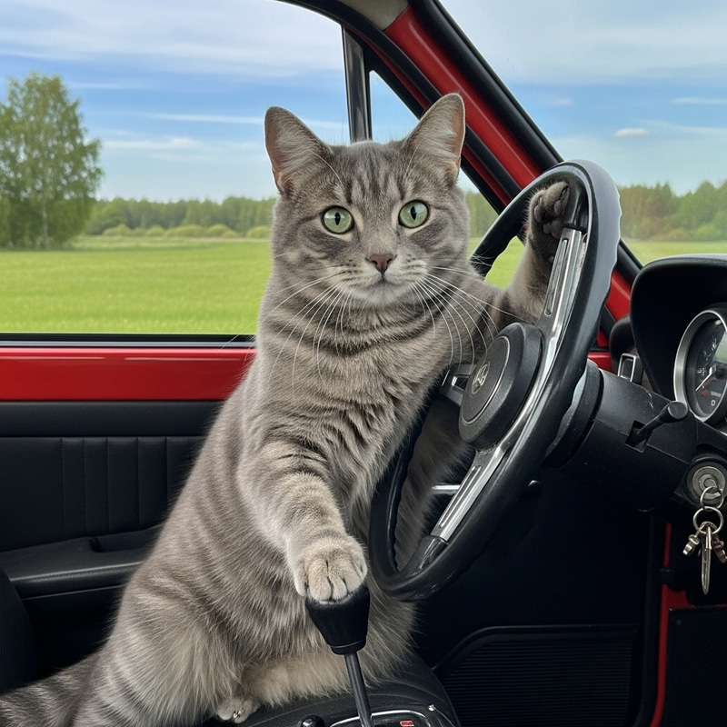 Captivating Gray Cat in Vintage Red Car: Whimsical Scene Captivating Gray Cat in Vintage Red Car: Whimsical Scene