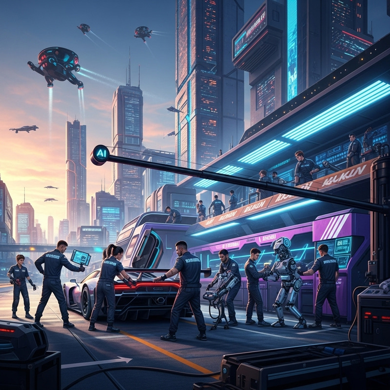 Futuristic Cyberpunk Pit Lane in High-Tech City Scenes Futuristic Cyberpunk Pit Lane in High-Tech City Scenes