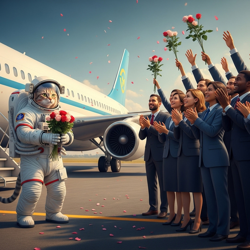 Astronaut Cat Welcomed with Roses by Enthusiastic Crowd Astronaut Cat Welcomed with Roses by Enthusiastic Crowd