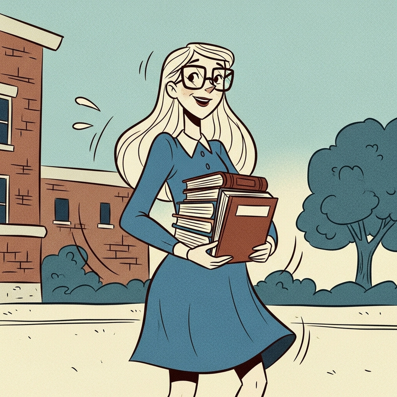 University Student with Long Hair and Glasses Carrying Books in Blue Dress, Pixar Style University Student with Long Hair and Glasses Carrying Books in Blue Dress, Pixar Style