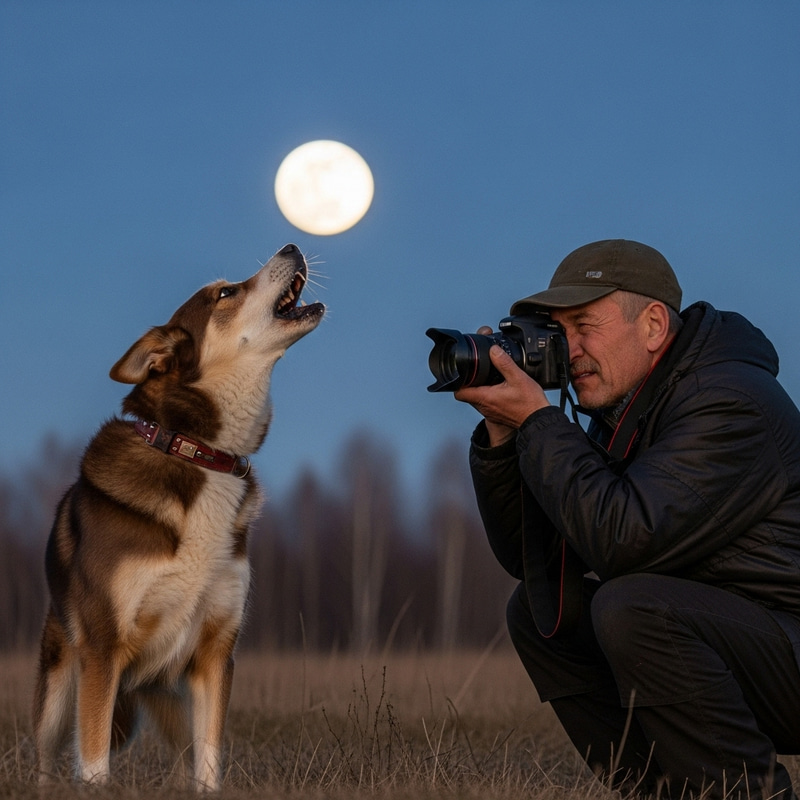 Udmurt Man Capturing Dog Barking at Daylit Moon Udmurt Man Capturing Dog Barking at Daylit Moon