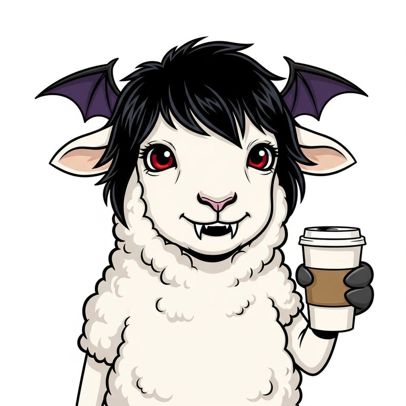 Whimsical Sheep Fursona with Black Bat Ears and Cherry Red Eyes Holding Coffee Whimsical Sheep Fursona with Black Bat Ears and Cherry Red Eyes Holding Coffee