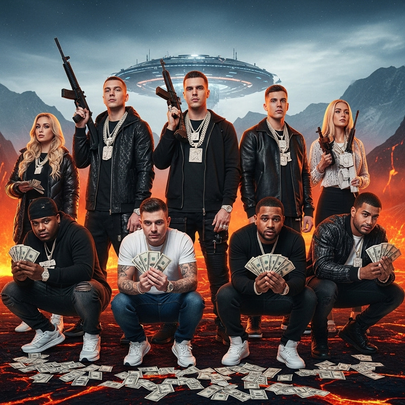 Futuristic Diverse Characters with Weapons, Riches, and Unique Background Futuristic Diverse Characters with Weapons, Riches, and Unique Background