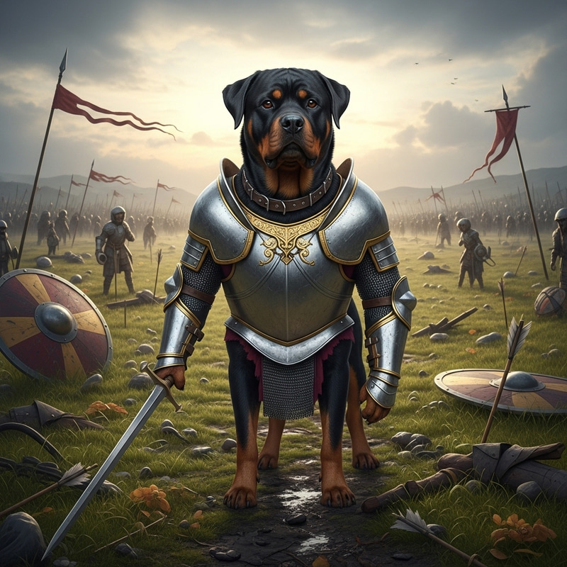 Resilient Rottweiler Warrior in Armor on Battlefield
