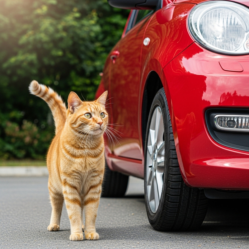 Playful Cat and Shiny Red Car Playful Cat and Shiny Red Car