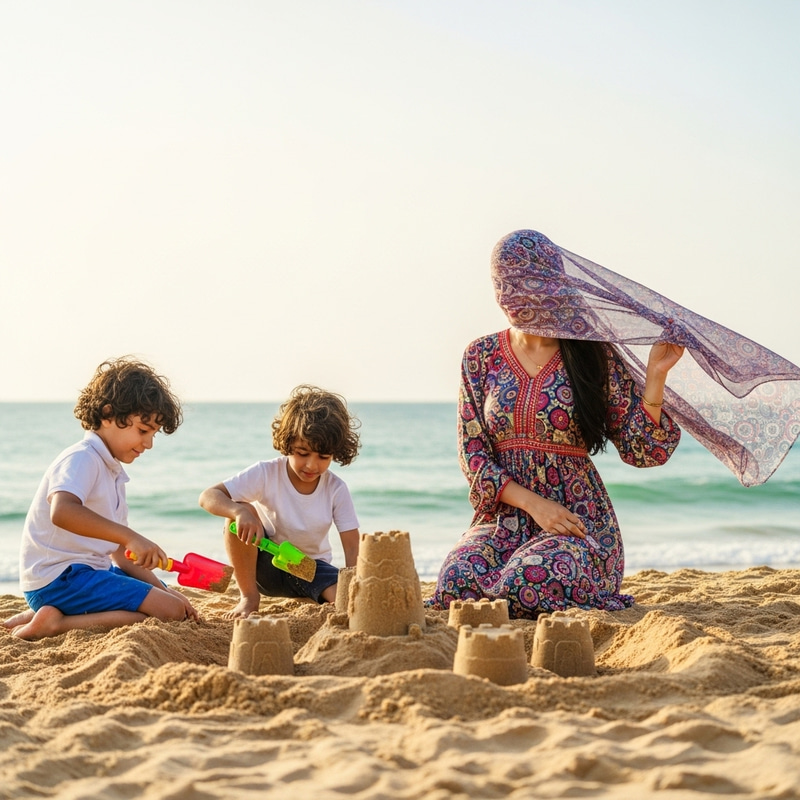 Children Playing in Sand with Their Veiled Mother | Sunny Fun Children Playing in Sand with Their Veiled Mother | Sunny Fun