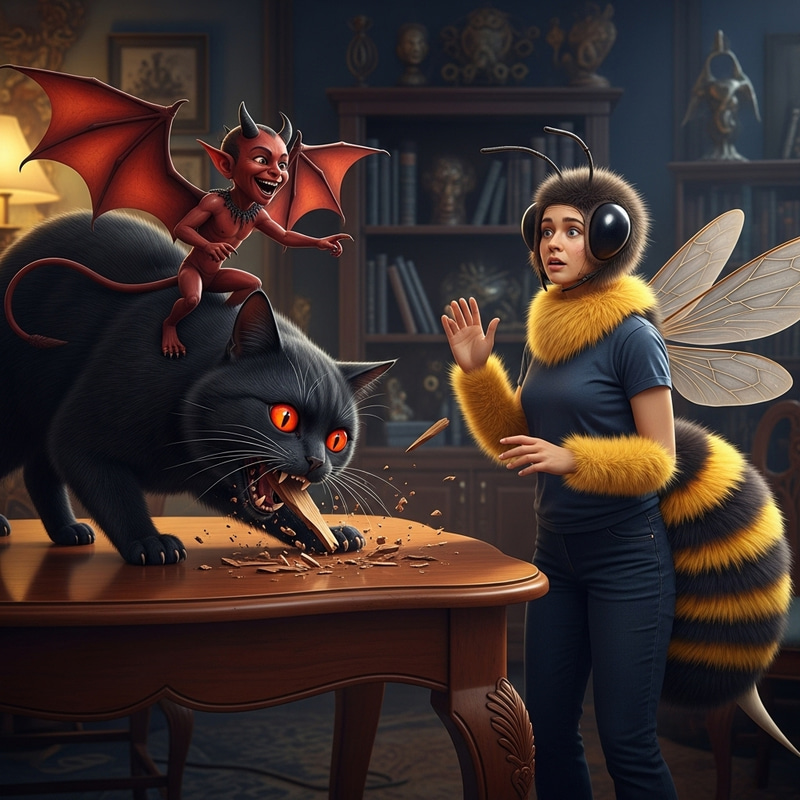 Cat Eating Brown Table with Demon and Bee-Person Cat Eating Brown Table with Demon and Bee-Person