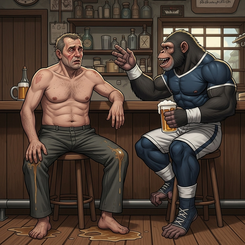 Unkempt Man and Muscular Ape in Rustic Cantina: A Bizarre Encounter