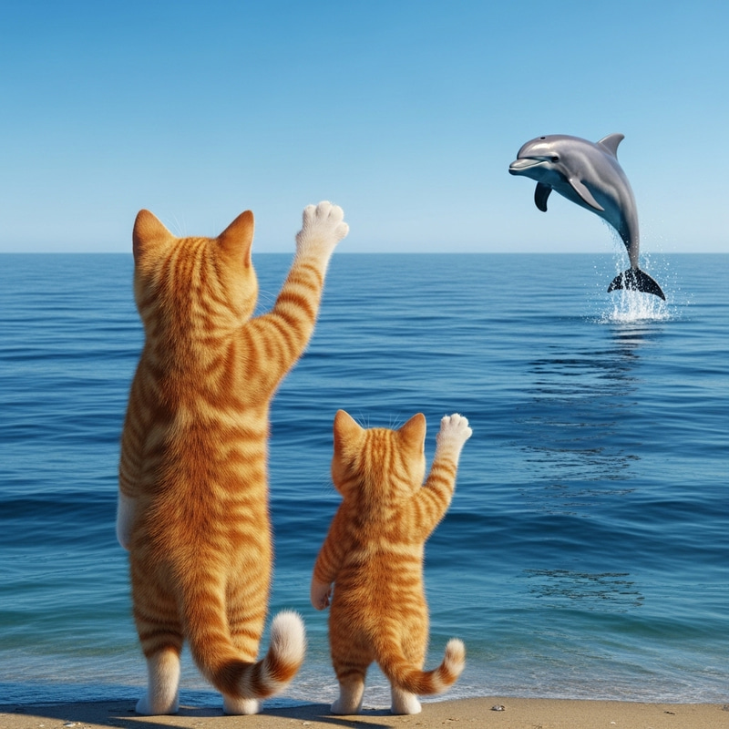 Ginger Cat and Kitten Bid farewell to Dolphin at Blue Sea Ginger Cat and Kitten Bid farewell to Dolphin at Blue Sea
