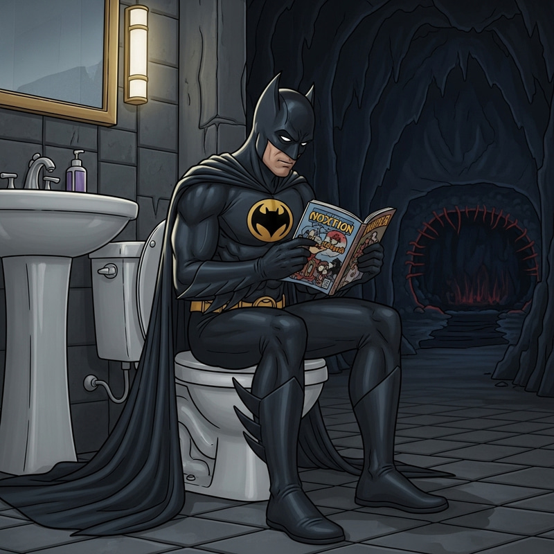Batman in Batcave Restroom | Engrossed in Comic | Humorous Moment