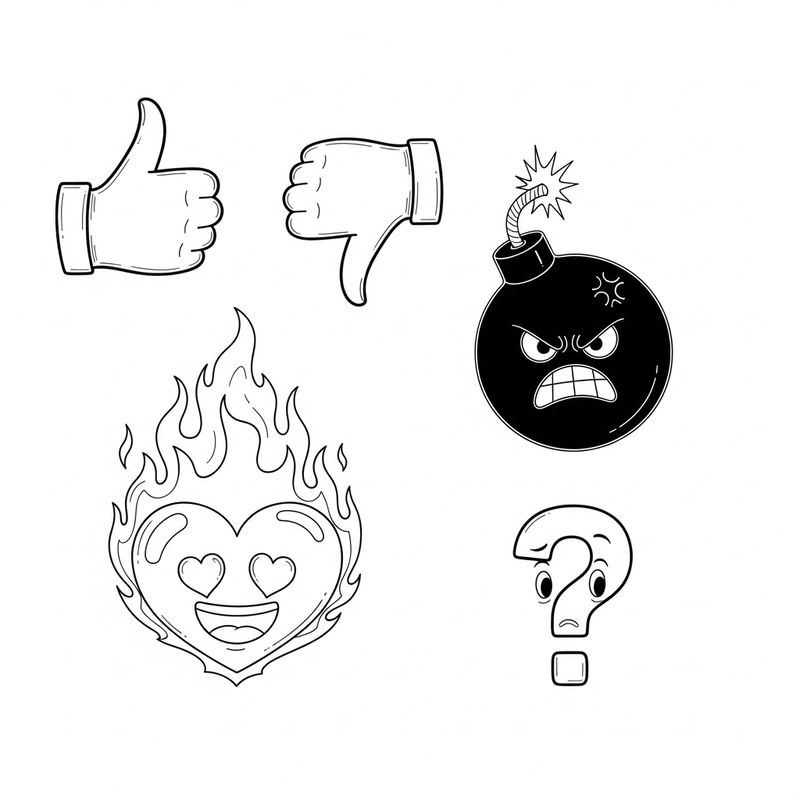 Minimalist Emoji Icons: Thumb Up, Thumb Down, Angry Bomb, Flaming Heart, Question, Iconography Minimalist Emoji Icons: Thumb Up, Thumb Down, Angry Bomb, Flaming Heart, Question, Iconography