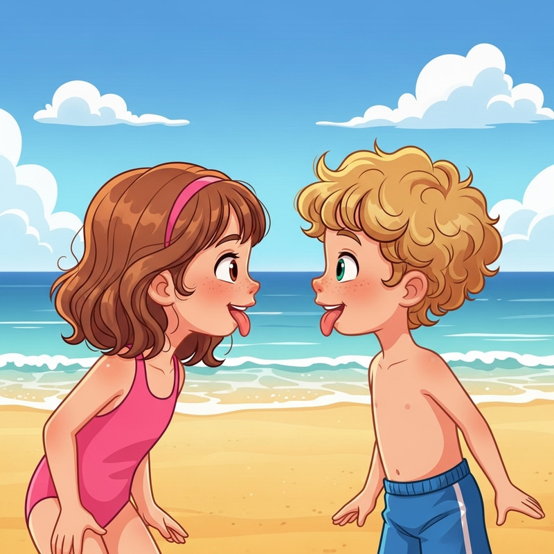 Wavy Hair Girl and Curly Hair Boy Having Fun at Beach Wavy Hair Girl and Curly Hair Boy Having Fun at Beach